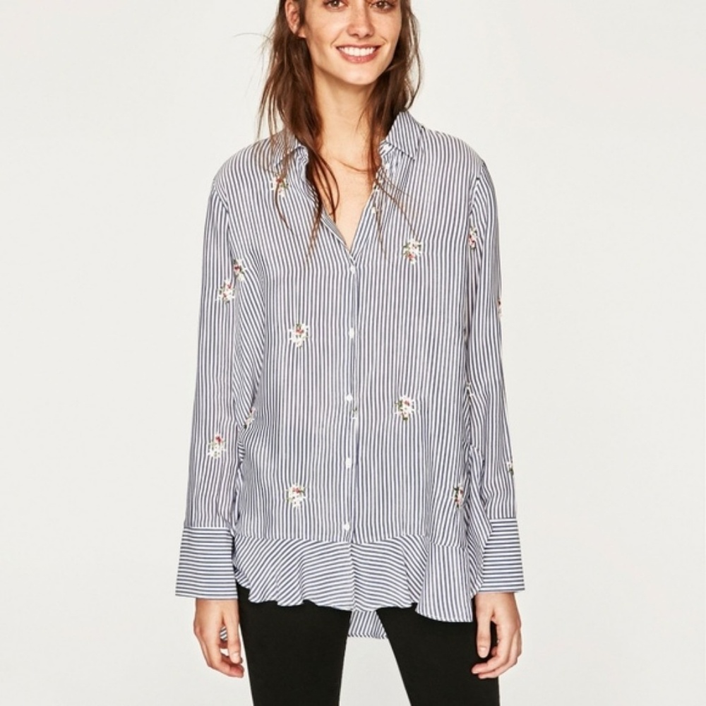 Zara Blue White Stripe Ruffle Embroidered Blouse